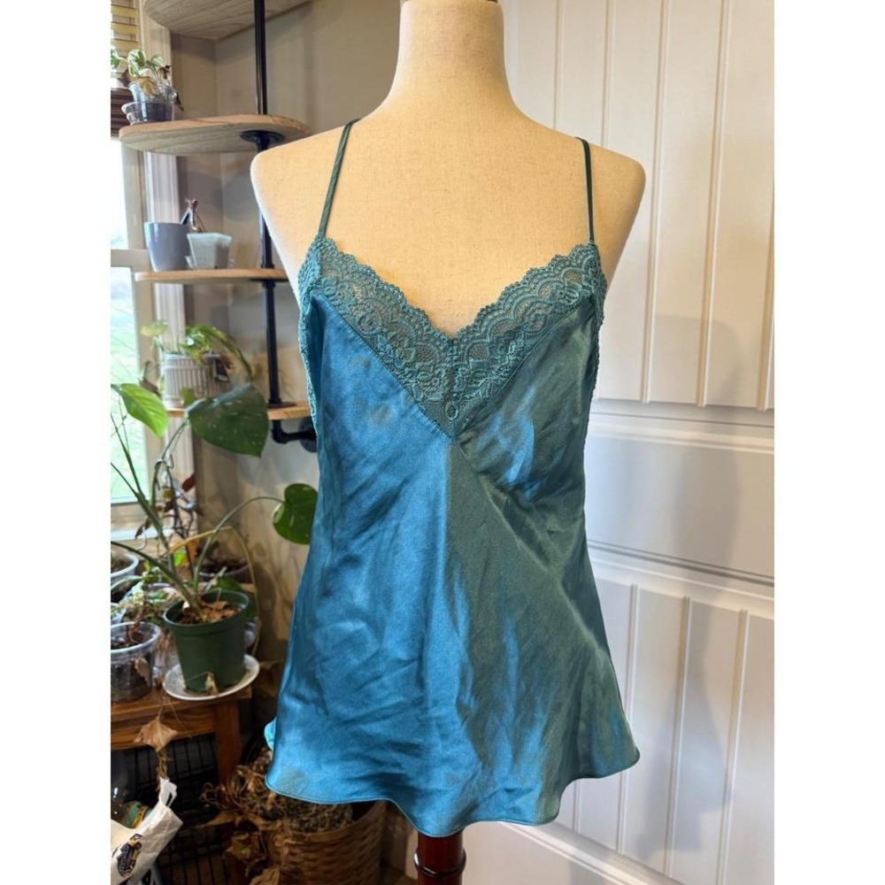 Linea Donatella Turquoise Lace Trim Satin Cami Top Nightie Sleepwear M